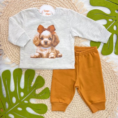 Conj. Casaco Cachorrinha com Laço e Calça de Moletom - Mescla e Ferrugem